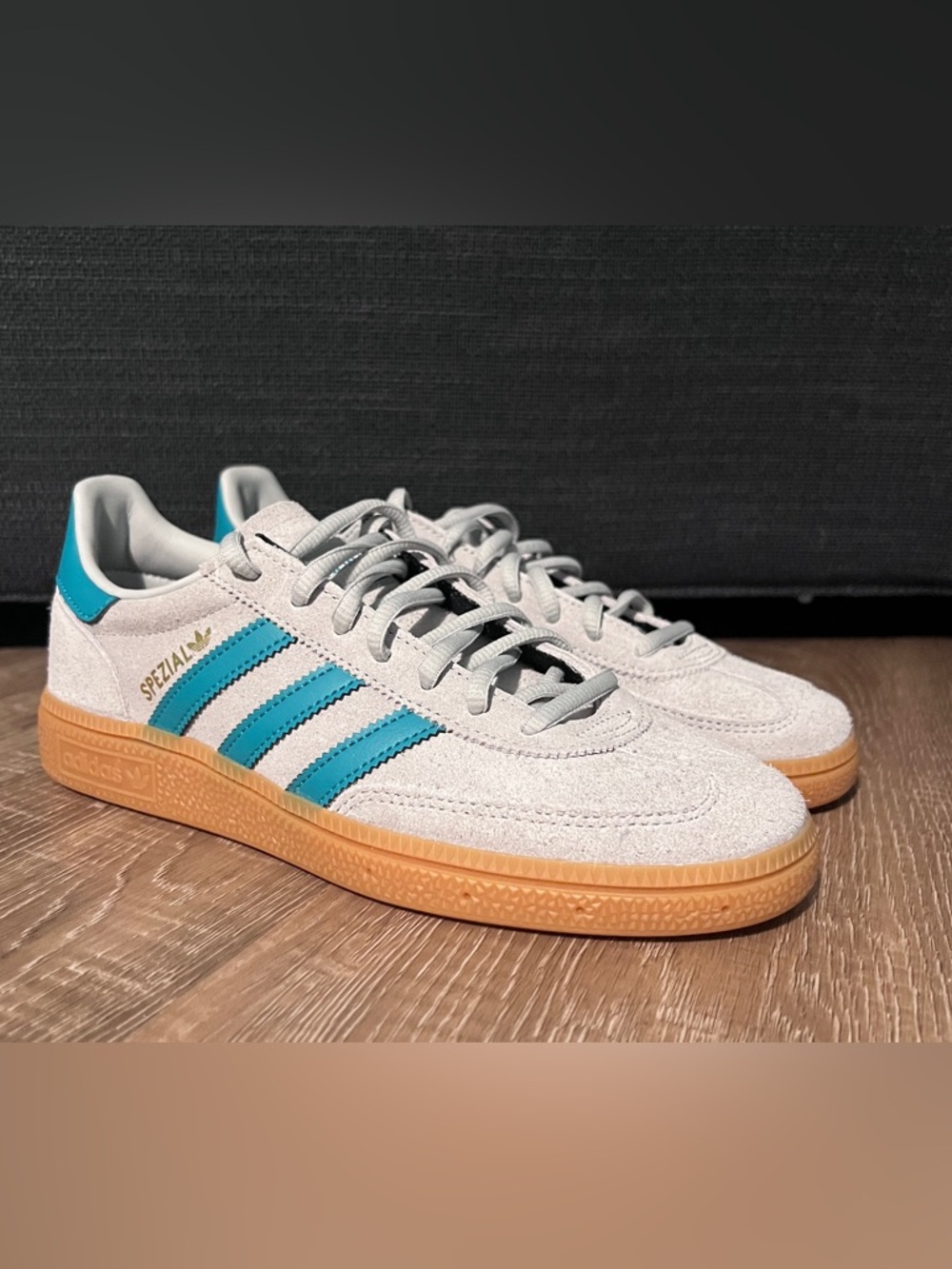 adidas Women’s Spezial Suede Sneakers in Light Gray w/Teal Stripes & Gum Sole